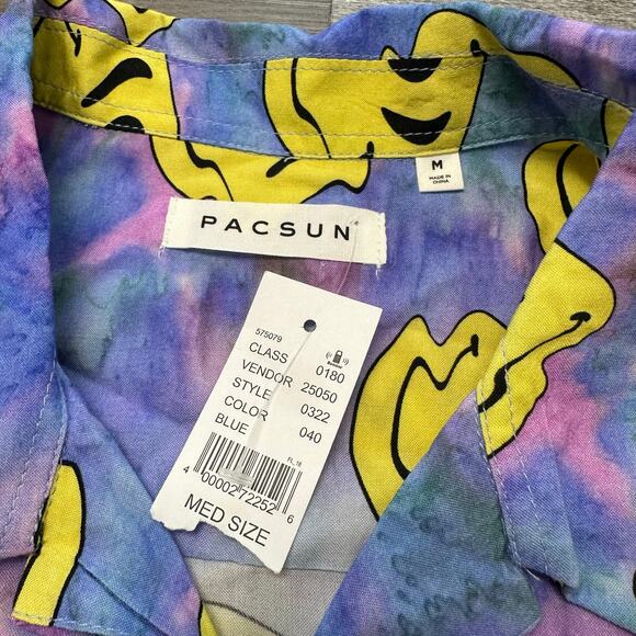 NWT Pacsun Trippy Tie Dye Multicolor Mens M Smiley Faces AOP‎ Rayon Button Shirt - Picture 3 of 8